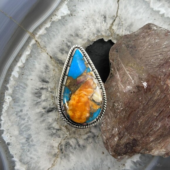 Sterling Southwestern Style Teardrop Turquoise Spiny Oyster Ring Sz 10 For Women - Picture 5 of 10